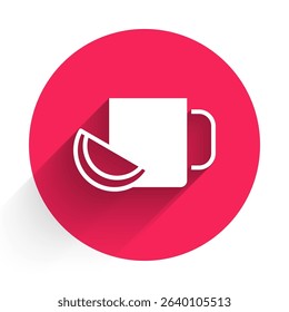White Cup of tea with lemon icon isolated with long shadow background. Red circle button. Vector