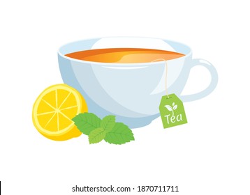 Té blanco con vectores de icono de limón y menta. Té fresco en un vector de taza blanca. Bolsa de té en un vector de taza. Taza de té con icono de limón y menta aislado en un fondo blanco