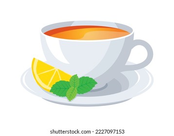 White cup of tea with lemon and mint icon vector. Cup of tea with lemon and mint leaf icon isolated on a white background. Hot drink drawing