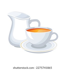 Té blanco con un vector de icono de jarra de leche. Hija de leche cerámica y vectores de iconos de taza de té aislados en un fondo blanco. Pequeña ilustración de jarra de leche blanca de porcelana