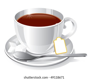 white cup of tea on a saucer with spoon and sugar, vector