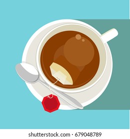 White cup of tea with with red tea bag (blank label) on blue background. Top view. Vector illustration.