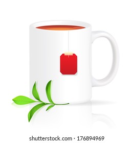 White cup of tea with red teabag and green tea branch isolated on white background. Vector illustration.