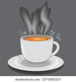 White cup of tea with smoke on grey background 