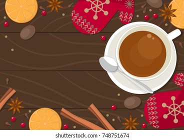 White cup of tea with spice on wooden table. Top view. Vector illustration.