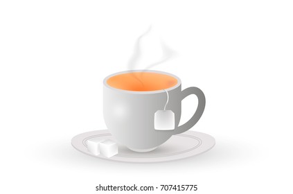 A white cup of tea with teabag and sugar. Vector.