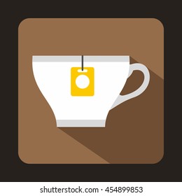 White cup with teabag icon in flat style on a coffee background