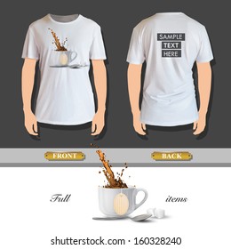 White cup with tea-bag printed on shirt. Vector design 