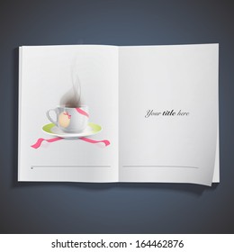 White cup with tea-bag with red ribbons printed on book. Vector design 