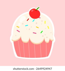 Desenho de bolinho branco com cereja e polvilho colorido. Delicioso e saboroso deserto. Pode ser usado para item de menu e decoração infantil