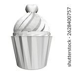 A white cupcake with a cherry on top and a swirl of frosting. The frosting is white and the cherry is small and round. The cupcake is sitting on a white background