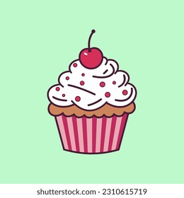 A white cupcake with cherry on top. Vector illustration in simple flat style on green background