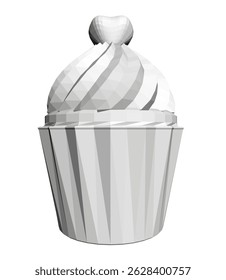 A white cupcake with a cherry on top and a swirl of frosting. The frosting is white and the cherry is small and round. The cupcake is sitting on a white background
