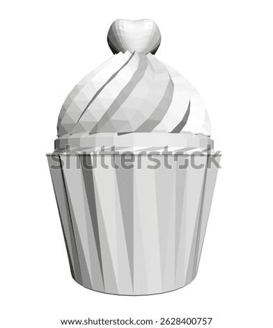 A white cupcake with a cherry on top and a swirl of frosting. The frosting is white and the cherry is small and round. The cupcake is sitting on a white background