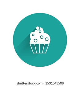 White Cupcake icon isolated with long shadow. Green circle button. Vector Illustration