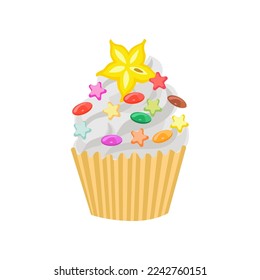 White cupcake or muffin with candy vector illustration. Drawing of little cake with candy isolated on white background. Holiday, dessert, decoration concept