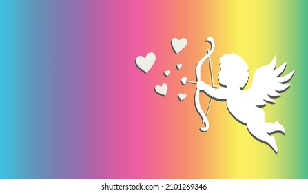 White Cupid silhouette flying and holding arrow. Happy Valentine's day Card. Rainbow gradient.