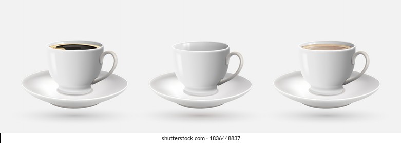 White cups of coffee. 3d realistic vector isolated. Side view, cappuccino, americano, espresso, mocha, latte, cocoa, empty mug