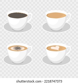 White cups of coffee. Cappuccino latte americano espresso cocoa. Hot coffee in white cups. Vector illustration EPS10