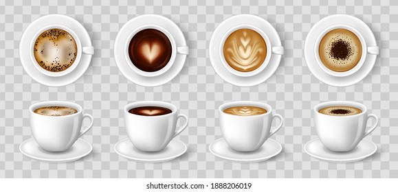 White Cups Of Coffee. Espresso Latte And Cappuccino Hot Beverages, 3D Mockup Front And Top Views.