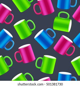 white cups for coffee or tea on black background seamless pattern. Vector illustration design