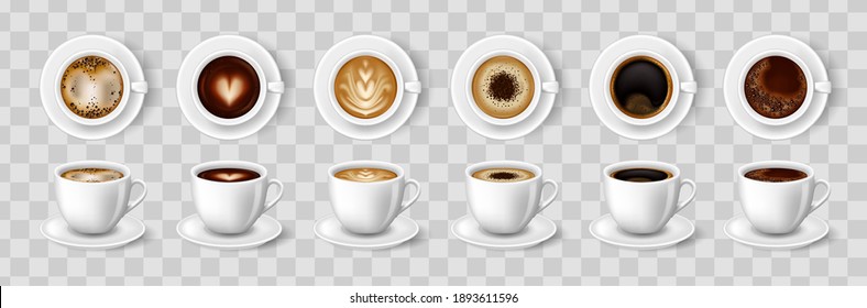 White cups of coffee top and side view, cappuccino, americano, espresso, mocha, latte, cocoa. 3d realistic vector isolated.