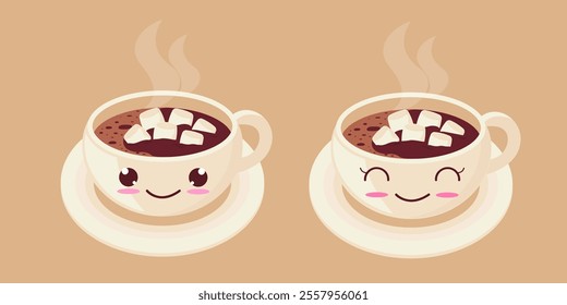 White cups of hot cocoa with marshmallows. Kawaii style. Hot chocolate. Vector illustration in flat style. Isolated on a light pink background.	