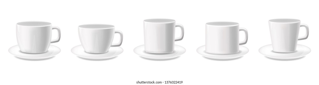 White cups isolated realistic set, package, coffee cups, white background