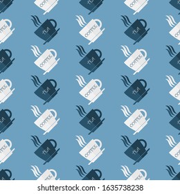 white cups labeled COFFEE and dark azure cups labeled TEA are arranged in a specific order on a blue background. Cute seamless pattern. vector

