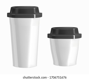 White cups with lids. Dishes for hot drinks. Vector illustration of food containers.