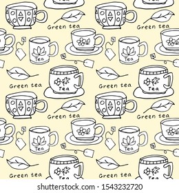 White cups and tea bags with a black outline are isolated on a light yellow background. Seamless vector illustration in Doodle style, sketch