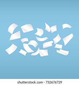 White curl paper notebook sheets for note or message falling on blue background.