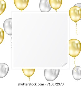 White Curl Sticker Paper Pictures Blank Border Frame With Flying Golden And Silver Balloons Banner Background. Celebration & New Year Decoration. Vector Illustration