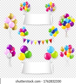 Banners de papel blanco curvado con malla gradiente y globos de color Set on Transparent Background, Vector Illustration