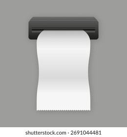 White curled paper check going out from ATM slit. Pay in bankomat. Realistic template design. Vector illustration.