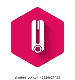 White Curling iron for hair icon isolated with long shadow. Hair straightener icon. Pink hexagon button. Vector Illustration