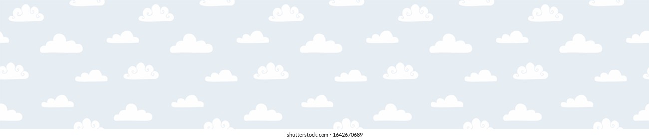 White, curly clouds in the sky. Geometric seamless pattern, border on a blue background in Scandinavian style, vector. For printing on children's clothing, textiles, wallpaper in the room.
