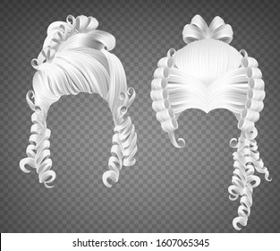 White Curly Girl Wig, Women Rococo Hairstyle. Vector Set Of Realistic Vintage Princess Hairstyle With Long Curls For Wedding Or Carnival Isolated On Transparent Background