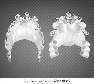 White Curly Girl Wig, Women Rococo Hairstyle. Vector Set Of Realistic Vintage Princess Hairstyle For Wedding Or Carnival Isolated On Transparent Background