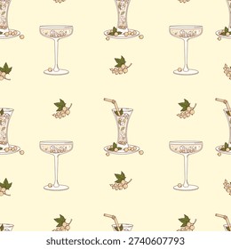 White Currant Cocktail Seamless Pattern. Refreshing Drinks with Ice Cubes, Berries, Mint in Elegant Glass on Yellow Background. Square template. Vector Illustration