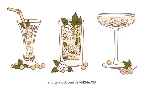White Currant Cocktail Set. Refreshing Drinks with Berries in Elegant Glasses. Isolated Fresh Summer beverage with Berry, Ice Cubes and Mint Leaves. Vector Illustration