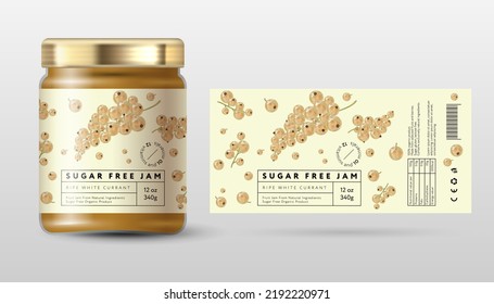 White currant jam. Jam for a healthy diet sugar free. Ripe berries and frames with text on a yellow background.