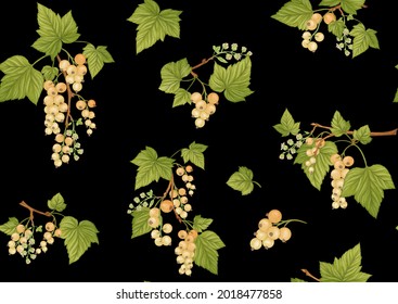 White currant Ripe berries. Seamless pattern, background. Vector illustration. In botanical style Isolated on black background 