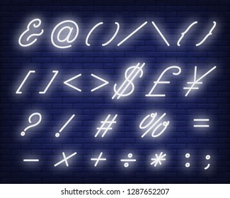 White cursive text symbols neon sign. Glowing numbers and symbols on brick wall background. Vector illustration can be used for computer, telephone, messages, mobile