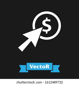 White Cursor and coin icon isolated on black background. Dollar or USD symbol. Cash Banking currency sign.  Vector Illustration