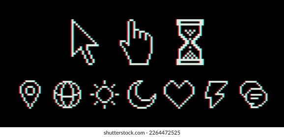 White cursor silhouette on dark background with glitch effect. Vector illustration. Cursor , cursor hand pointer and sand clock pixel icon set . Vector illustration