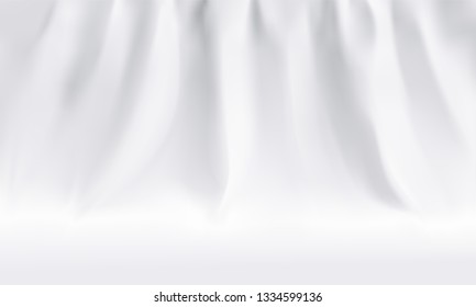 White Curtain Background, Photo Studio Fabric Screen Backdrop. Vector White Photography Textile Drape Lightbox Background Template