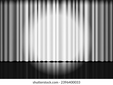 White curtain background. Spotlight on stage curtain. Theatrical drapes. Wavy velvet background.