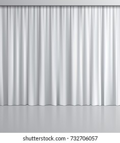 White curtain background. Vector realistic white curtain with mirror reflection.