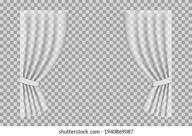 White curtain. Cloth curtain with fold isolated on transparent background. Hanging silk fabric for window. Realistic classic blank textile for decoration of shower or room. Set for interior. Vector.